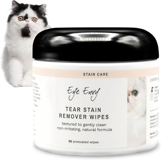 Eye Envy Tear Stain Wipes for Cats. Textured to Gently Clean, Treats The Cause of Staining. 100% Natural Formula. Recommended by Persian & Exotic Breeders, Vets, Groomers. USA Made. 60 Cat Eye Wipes