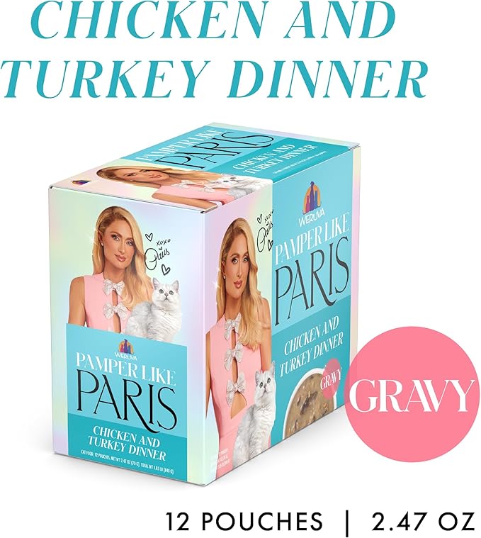 Weruva Paris Hilton Pamper Like Paris Wet Cat Food, Chicken and Turkey in Gravy, 2.47oz Pouch, Pack of 12