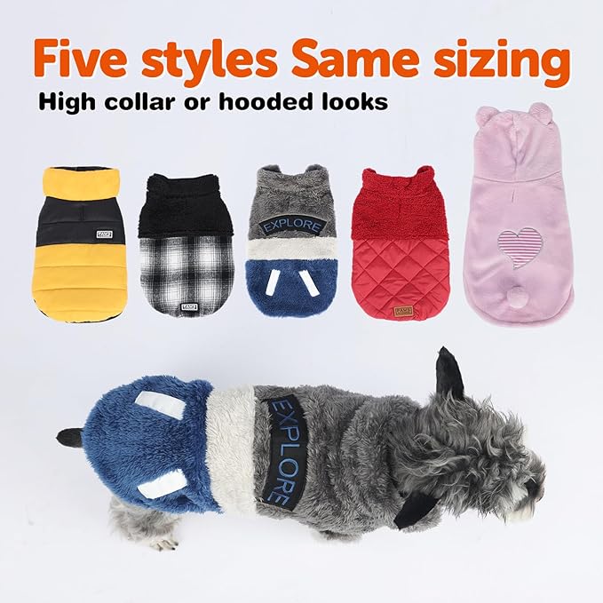 FOFOS Dog Winter Coat, Plush Dog Jacket with Leash Hole, Adjustable Warm Pet Snow Vest for Small Medium Dogs, Gray, XS