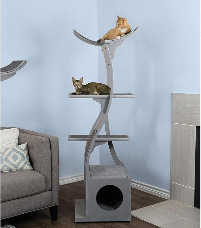 The Refined Feline 69 Inch Tall Smoke Gray Lotus Cat Tower, Multi-Level Modern Cat Tree for Indoor Cats with Scratching Post, Climbing Cat Condo with Cushioned Cubby