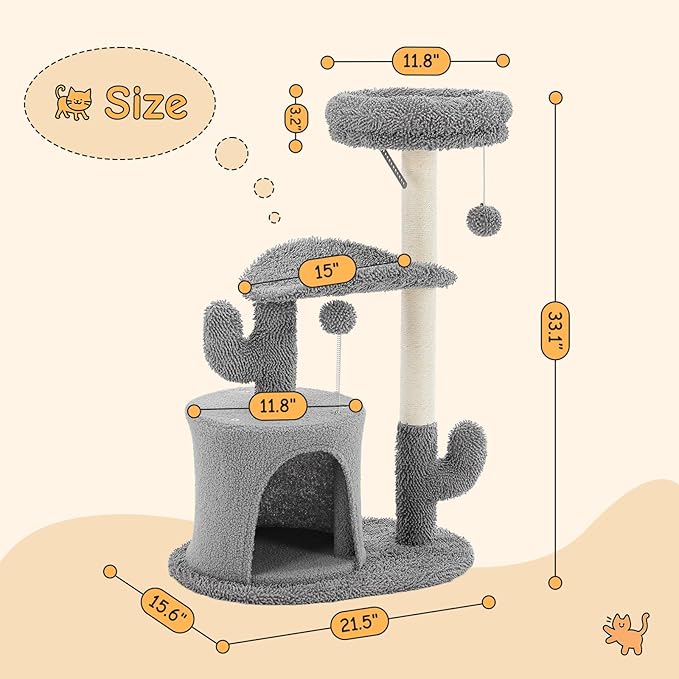 Sweetcrispy 33" Cat Tree Tower for Indoor Cats, Small Cat Scratching Post with Curved Bed, Cat Tree with Cat Condo for Adult, Grey