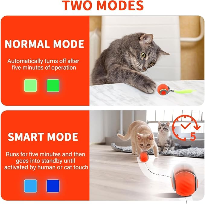 Automatic Moving Cat Toy, 2025 Upgrade Motion Activated Ball with Feather Tail, USB Rechargeable Smart Cat Toys for Indoor, Fun Exercise for Kittens (Blue and Orange)