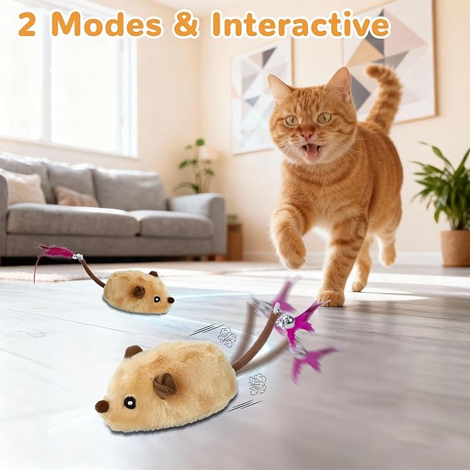 Interactive Cat Toys - Fake Mouse Moving Cat Toy with Automatic Sensor, Cats Mouse Toy with Realistic Sound & Extended Tail Automatic Toy for Cats Pet, Squeaky Toys (Yello)