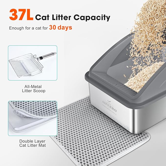 Stainless Steel Litter Box | XL Enclosed Cat Litter Boxs with Lid for Big Cats | High Sided, Anti-Urine Leakage | Non-Stick Bottom & Includes Litter Mat & Metal Scoop (Dark Gray)