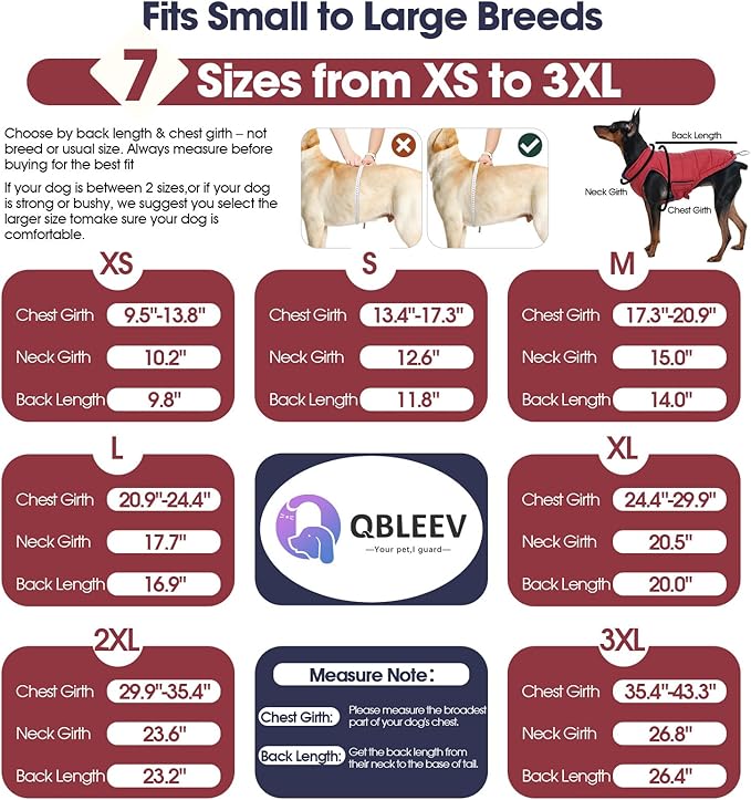 QBLEEV Reversible Dog Winter Coat, Waterproof Windproof Dog Jacket with Adjustable Fit & Leash Hole, Lightweight Warm Puffer Vest for Large Breeds, Wine Red, 2XL – Fits Labrador, Husky, Weimaraner
