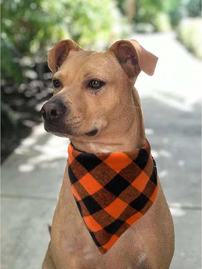 Realeaf Fall Thanksgiving Dog Bandanas 2 Pack, Orange Plaid Pet Scarf for Boy and Girl, Premium Durable Fabric, Holiday Halloween Bandana for Large and Extra Large Dogs (X-Large)