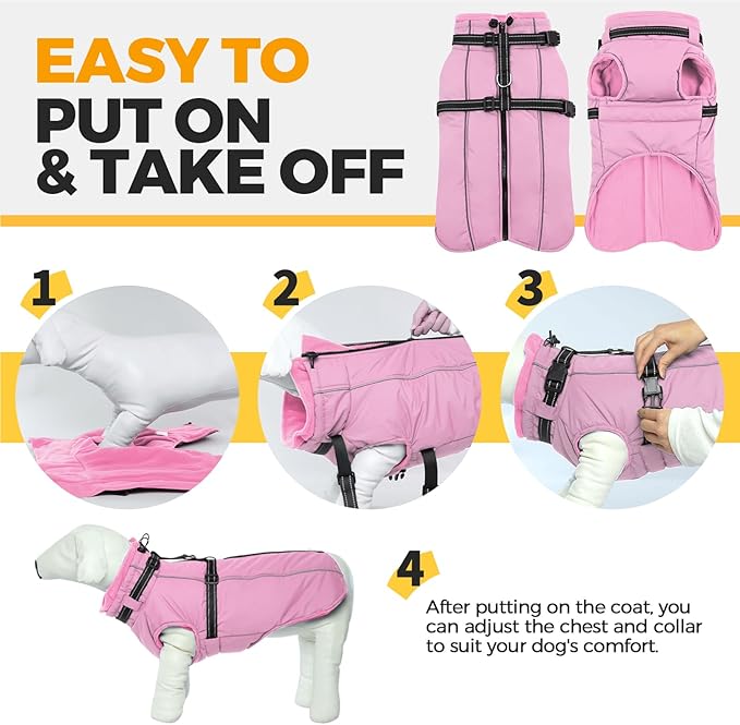 Lelepet Waterproof Dog Jacket with Harness Built in Warm Dog Winter Coat, Reflective Fleece Jacket, Windproof Dogs Coats for Small Dogs, Thermal Pet Snowsuit for Cold Weather, Maltese, Pink, XS