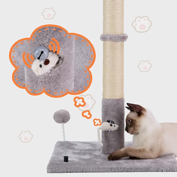 PAWSFANS Cat Scratching Post for Indoor Cats and Kittens,30inches Tall Sisal Scratch Posts with Four Hanging Ball Toys and Reinforce The Stable Base Gray
