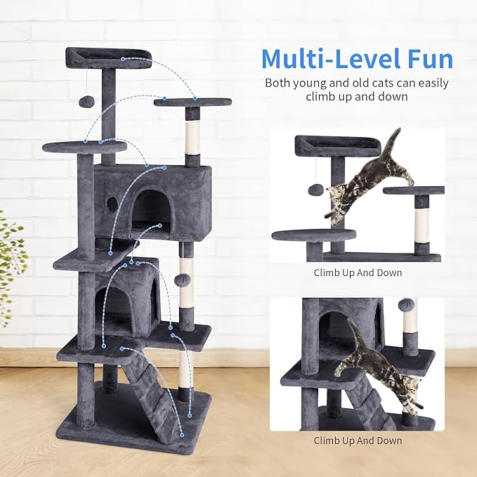 PayLessHere Cat Tree 54in Cat Tower with Cat Scratching Post,Multi-Level Cat Condo Stand House Furniture Kitty Activity Center with Furry Ball Toys Cat Tree for Indoor Cats (54in, Ashy)