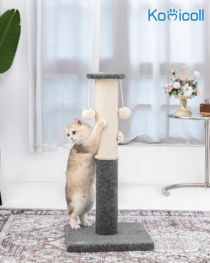 34-Inch Tall Cat Scratching Post for Indoor Cats, Komicoll Large Carpet Scratch Post, Sisal Cat Scratcher, Sturdy and Durable Cat Post with Hanging Ball