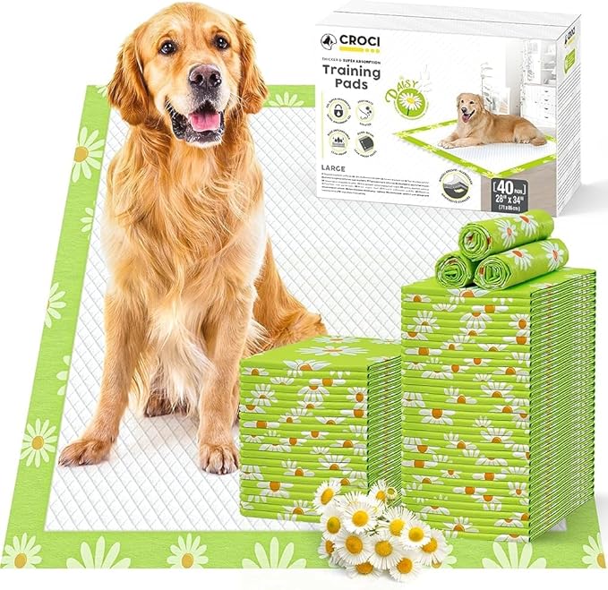 CROCI Pee Pads for Dogs 28x34in Daisy Pattern, Puppy Pads with Adhesive Tabs Super Absorbent Up to 8 Cups, Disposable (40 Counts)