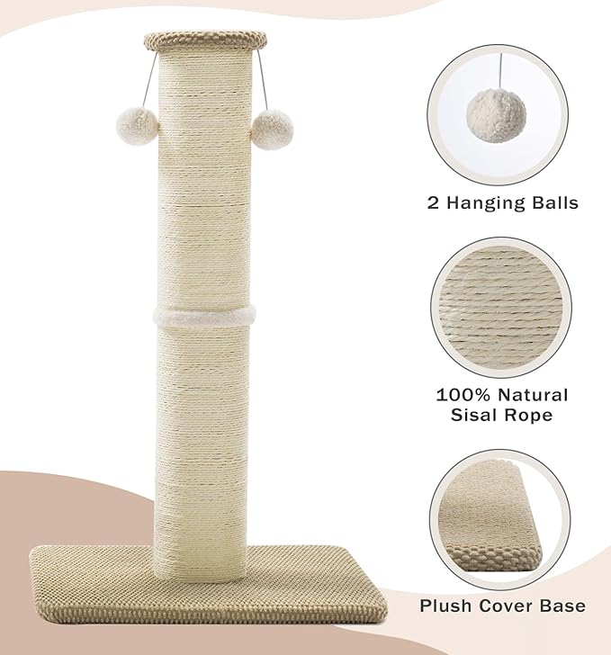 Made4Pets Tall Cat Scratching Post, 23.6" Natural Sisal Cat Scratcher with Hanging Balls, Heavy Duty and Thicker Scratching Post for Indoor Cats Adults, Sturdy Base Cat Scratch Post, Beige