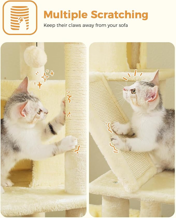 71" Tall Cat Tree for Large Cat 20 lbs with Super Large Hammock, Heavy Duty Cat Tower with 4 Sisal Scratching Posts & 2 Spacious Condos for Big Adult Cats Maine Coon-Beige