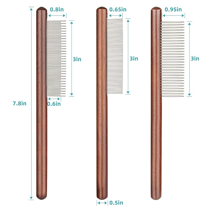 3PCS Solid Wood Pet Comb for Cats Dogs & rabbits,Stainless Steel TeethComfort and safety,Removes Tangles and Loose Fur, Grooming Comb for Small Medium Pets