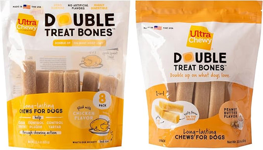 Ultra Chewy Double Treat Bones: Long-Lasting Treats Made in USA for Large and Small Breeds, Highly Digestible, for Aggressive Chewers (Peanut Butter and Chicken Flavor, 2 Packs)