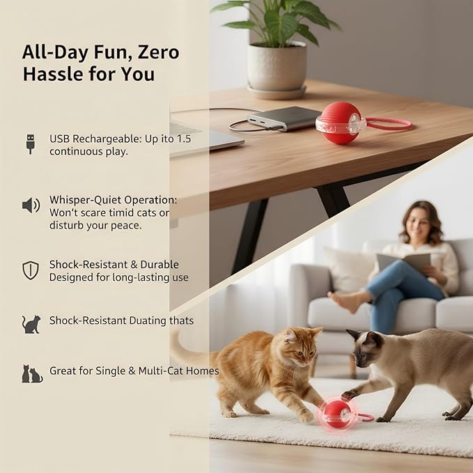 JBD Interactive Cat Toy Ball for Indoor Cats - Silent Automatic Rolling & Self Moving Electric Kitten Toys, USB Rechargeable Smart Ball with Tail, Motion Activated Hunting Exercise for Bored Cats
