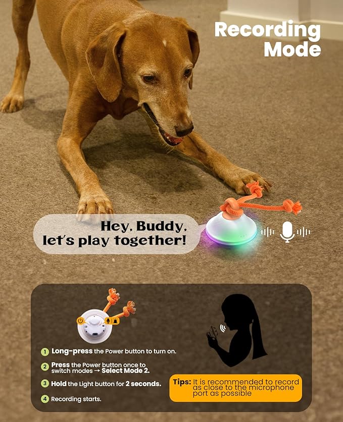 Smart Interactive Dog Toys, Automatic Moving and Rolling Dogs Ball with Rope, Motion-Activated Squeaky Ball for Small Medium Dogs for Boredom, RGB Lights, Stimulating Sound, Voice Recording
