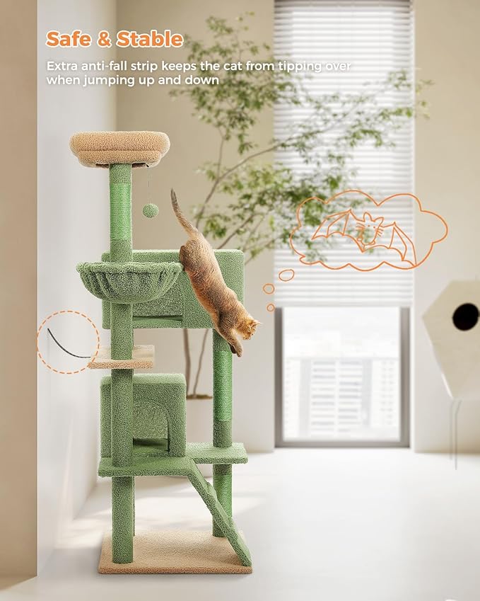 Cactus Cat Tree for Adult Cats with Super Large Top Perch, 56.3" Cat Tower for Cats with Plush Hammock, Dangling Pompom, Cat Scratching Posts and 2 Condos, Green House