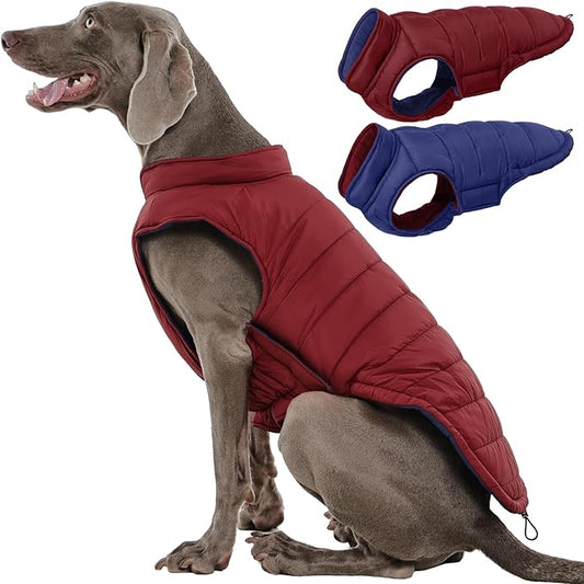 QBLEEV Reversible Dog Jacket for Large Dogs, Waterproof Windproof Winter Coat with Adjustable Hook & Loop Design, Lightweight Puffer Vest Keeps Dogs Warm & Dry, Wine Red, XL – Fits Pitbull, Boxer