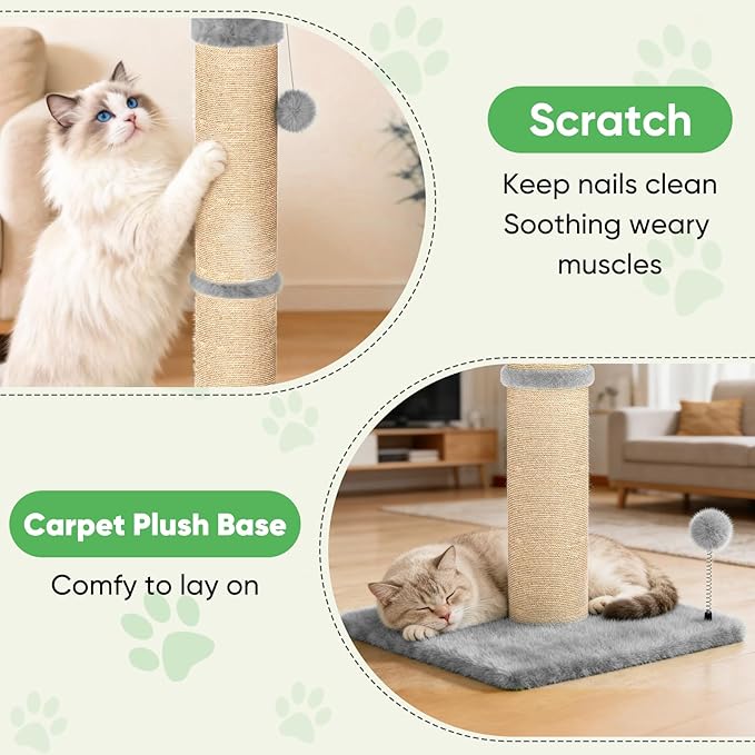 XiaZ Cat Scratching Post 34'' Tall, Heavy Duty Cat Tree Tower for Indoor Kitty with Extra Wide 15.8" Stable Base and 2 Toy Balls, Natural Sisal & Plush Fabric for Small, Medium Cats(Light Gray, 2.8in)