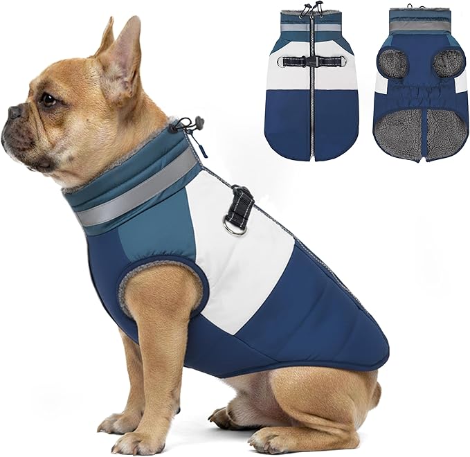 azuza Dog Jacket Waterproof Winter Coat for Small Dogs, Warm Fleece Vest with Reflective Strips & Built-in Harness, Windproof Back Zipper, Navy S