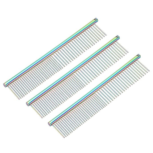 Dog Cat Comb, Pet Combs Stainless Steel Teeth with Rounded Ends for Knots Mats Loose Hair Removal, 6.5IN (Colorful Plated, 3 Pack), Grooming Tool Intended for Long Curly Hair Pet