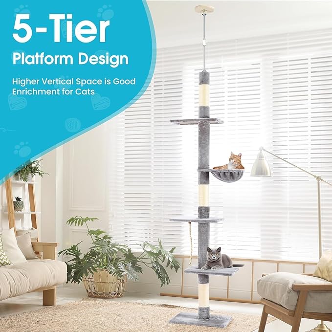 Cat Tree 5-Tier Floor to Ceiling, Cat Climbing Tree for Indoor Cats, 89-109 Inch Adjustable Height Cat Tower with Cozy Hammock, Grey