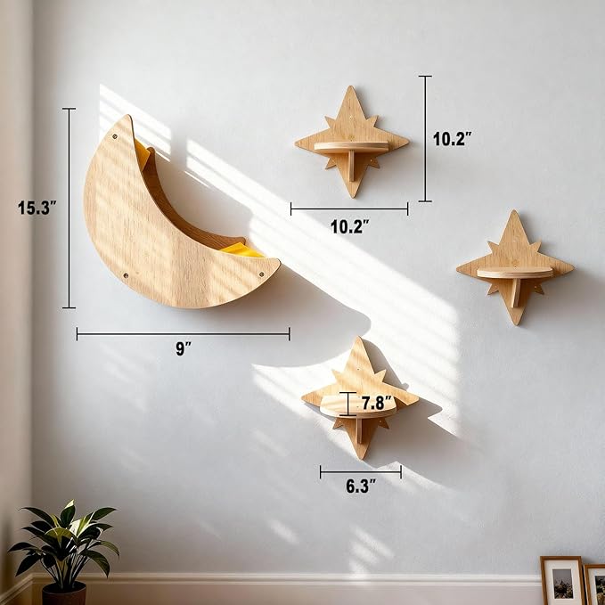 Cat Wall Shelves, Moon and Star Cat Wall Furniture for Indoor, Multi-Level Wooden Climbing Set with Cute Toys