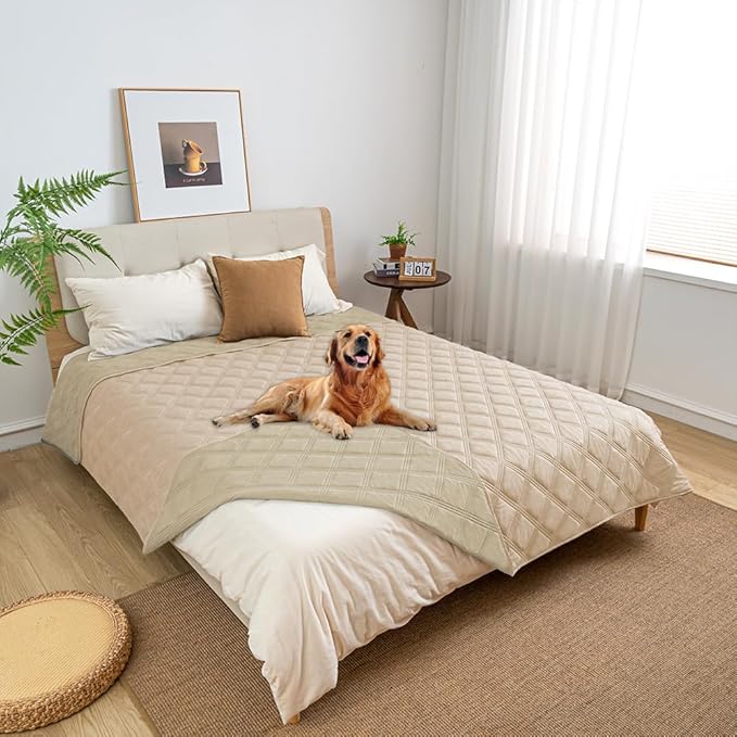 fuguitex Waterproof Dog Blanket Reversible for Small Dogs Resistant Leakproof Washable Couch Cushion Bed Protector Cover for Indoor Furniture Pet Friendly（82"*102",Beige+Khaki
