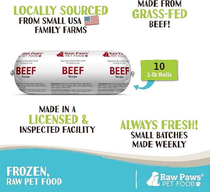 Raw Paws Signature Blend Pet Food for Dogs & Cats - Beef Recipe, 1-lb Rolls (10-Count) - Fresh Pet Food Made in USA, Grass-Fed Beef Log, Natural Dog Food Rolls, Raw Frozen Dog Food & Cat Food