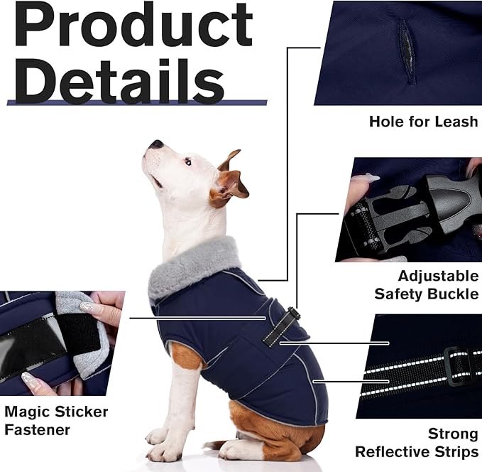Lelepet Warm Dog Coat Waterproof Dog Jacket for Small Dogs Reflective Fleece Vest with Adjustable Buckle Hook & Loop Windproof Cold Weather Coats for Small Medium Large Dogs, Navy Blue, S
