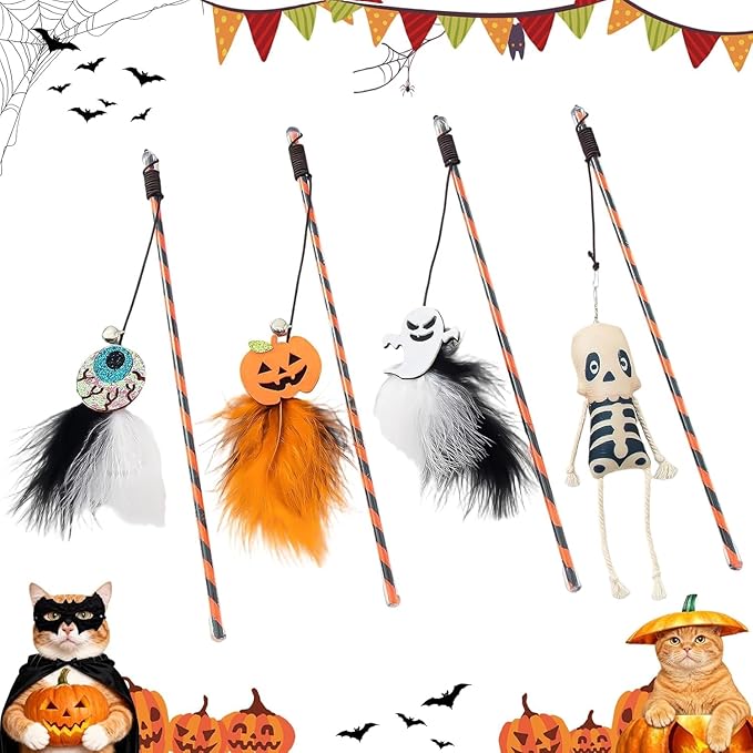 Walfront 4PCS Halloween Cat Toys, Wand Teaser Toys with Bells, Pumpkin, Ghost, Eyeball and Skull, Kitten Interactive Toys, Plush Kitten Plaything Gift Set