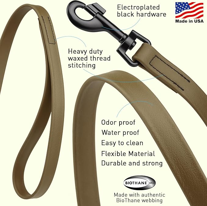Dogline Biothane Waterproof Dog Leash Strong Coated Nylon Webbing with Black Hardware Odor-Proof Easy to Clean High Performance for Small or Large Dogs Made in USA 4 or 6 ft Lead, Coyote Brown