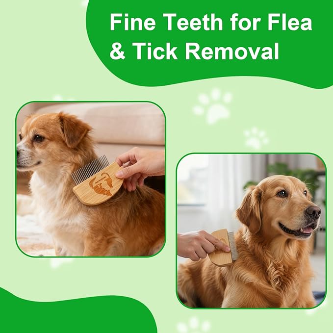 Pet Grooming Combs for Dogs Cats, 2 Pack Bamboo Combs with Wide Fine Teeth for Shedding, Detangling, Flea Removal and Daily Care