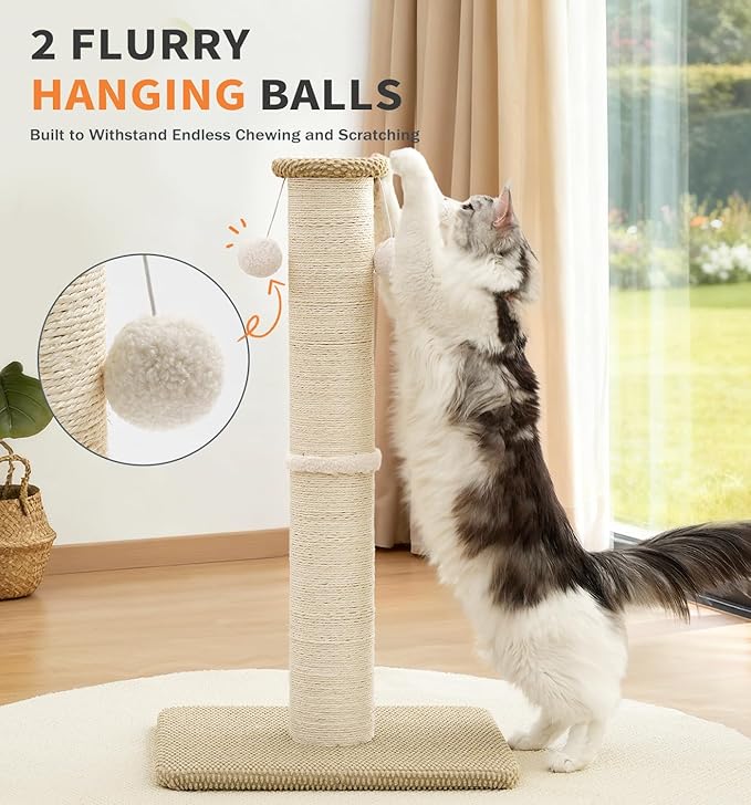 Made4Pets Tall Cat Scratching Post, 33" Natural Sisal Cat Scratcher with Hanging Balls, Heavy Duty and Thicker Scratching Post for Indoor Cats Adults, Sturdy Base Cat Scratch Post, Beige