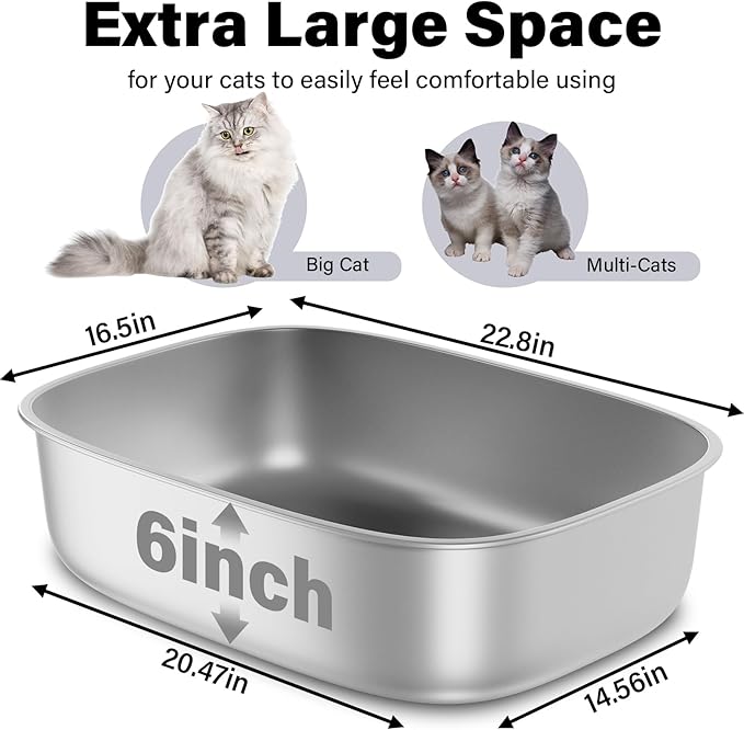 Stainless Steel Litter Box, 22.8“x16.5"x6" Oval Stainless Steel Cat Litter Box Extra Large, XL Metal Litterbox for Big Cats, Non Stick Surface, Easy to Clean