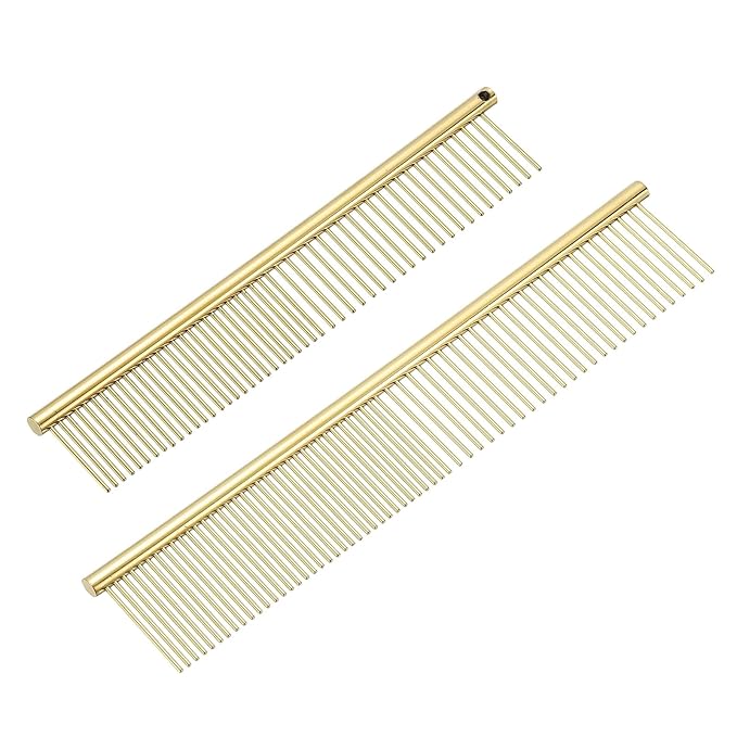 Dog Cat Comb, Pet Combs Stainless Steel Teeth with Rounded Ends for Knots Mats Loose Hair Removal, 6.5/7.5IN (Gold Plated, 2 Pack), Grooming Tool Intended for Long Curly Hair Pet