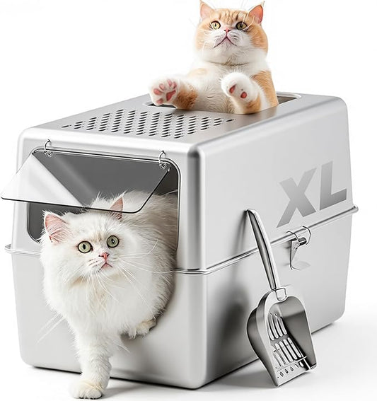Extra Large Enclosed Stainless Steel Litter Box with Lid, 23.6"x17.7"x15.7" High Sided Metal Cat Litter Box for Indoor Cats, Covered Dog Proof Kitty Litter Pan, Odor Free, Non Sticky, XL