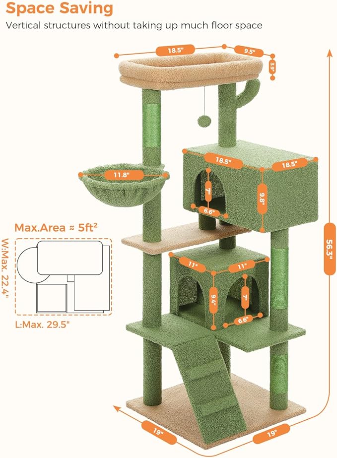 Cactus Cat Tree for Adult Cats with Super Large Top Perch, 56.3" Cat Tower for Cats with Plush Hammock, Dangling Pompom, Cat Scratching Posts and 2 Condos, Green House