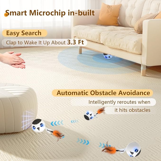 ORSDA Cat Ball Toys, Interactive Cat Toy for Indoor Bored Indoor Cats Kitten Toys, Automatic Electric Bird Moving Ball Toy, 4 Mode Voice & Touch Control Rolling Chirping Stimulating, 2 Feather Tails