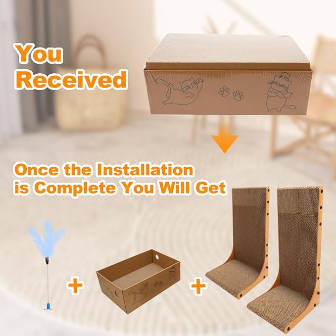 Cat Scratching Post, 3-in1 Scratching Board for Indoor Cats, 2PK 22in L-Shaped Cat Scratcher with 1PK Cardboard Box Scratch Pad, Cats Scratch Furniture Protector with Feathered Toy