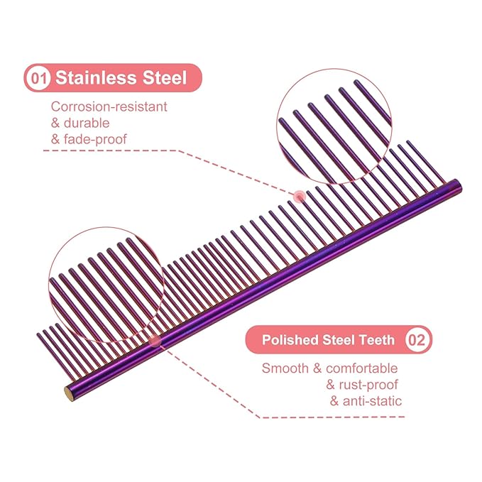 Dog Cat Comb, Pet Combs Stainless Steel Teeth with Rounded Ends for Knots Mats Loose Hair Removal, 6.5IN (Purple Plated, 3 Pack), Grooming Tool Intended for Long Curly Hair Pet