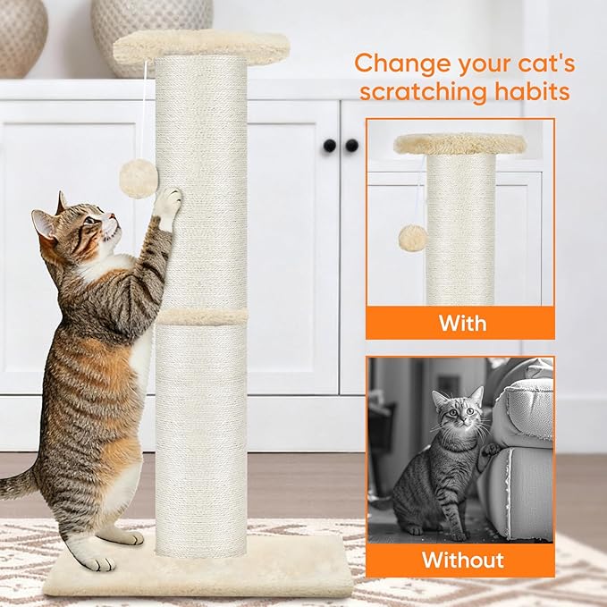 PAWSCRAT Cat Scratching Post 32" Tall, Large Diameter Natural Sisal Cat Scratch Post with Dangling Ball, Scratch-Resistant and Durable Tall Cat Scratcher for Indoor Cats, Protect Your Furniture, Beige