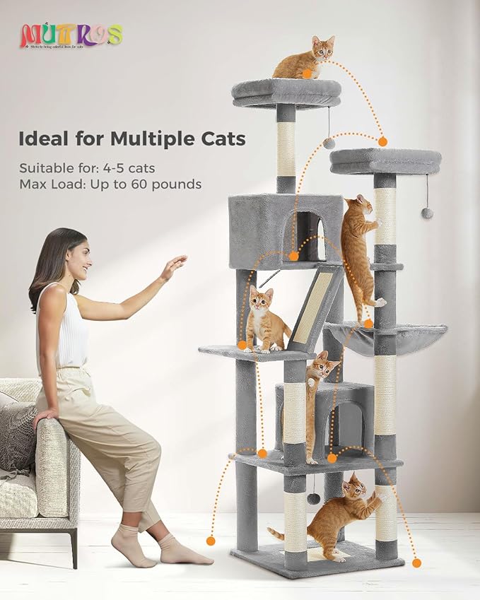 Tall Cat Tree 70.9", Large Cat Tree for Indoor Cats, Multi-Level Plush Cat Condo with 6 Scratching Posts, 2 Scratching Boards, 2 Perches, 2 Caves, Hammock, 2 Pompoms, Gray