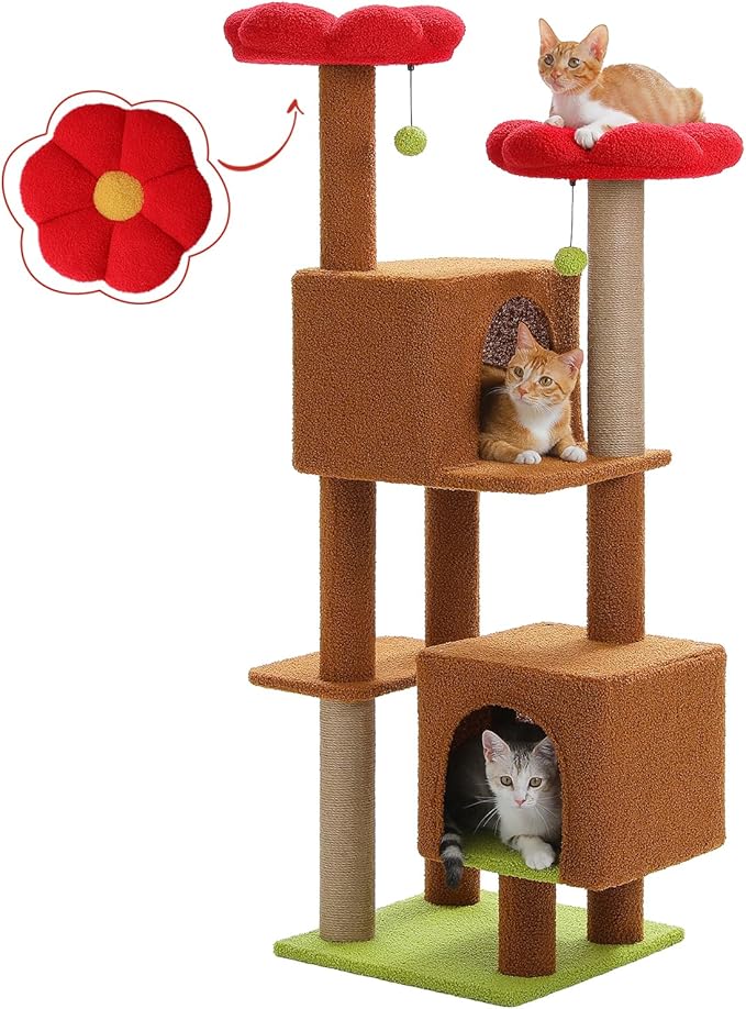 Cat Tree for Indoor Cats, 52.4" Tall Cat Tower with 2 Flower Perches, 2 Cozy Condos & 2 Sisal Scratching Posts - Multi-Level Kitty Climbing Furniture, Pet Playhouse for Adult Cats, Brown/Red