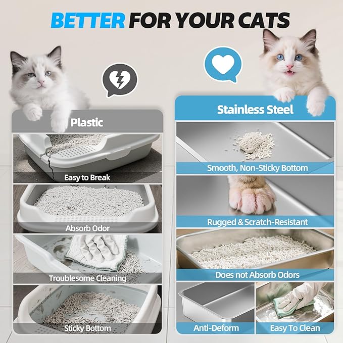 Enclosed Stainless Steel Cat Litter Box with Lid, XL Extra Large Litter Box for Big Cats, Metal Litter Pan High Sided, Never Absorbs Odors, Anti-Urine Leakage, Include Scoop (Light Grey)