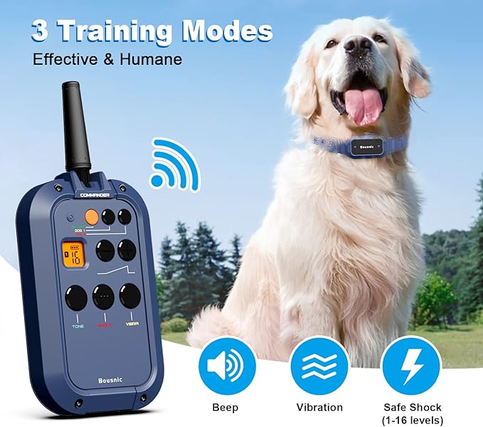 Bousnic Dog Shock Collar with Remote - ¾ Mile Electronic Training Collar for (15-140lbs) Medium Large Dogs, Waterproof Rechargeable Dog E Collar with 3 Modes, Beep, Vibration, Safe Shock(1-16 Levels)