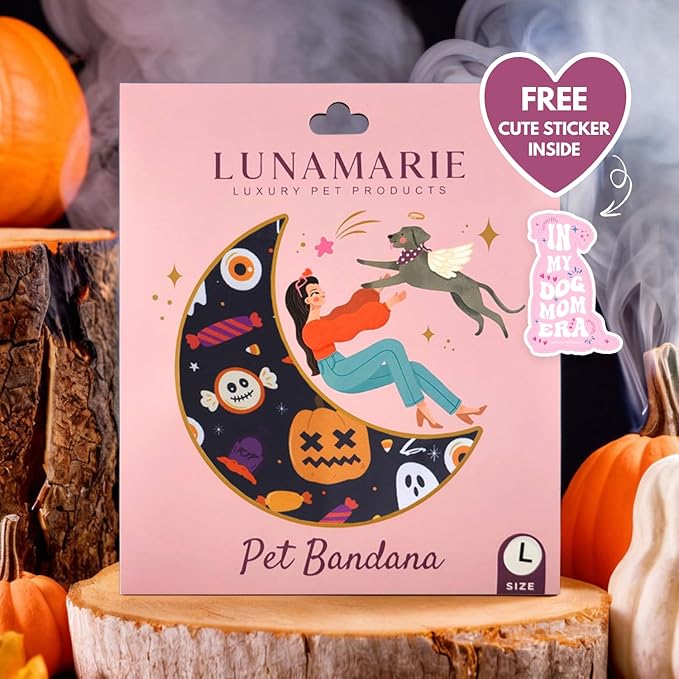 LunaMarie - Luxury Cat and Dog Bandanas - Halloween Designs | Premium Silky Poly Fabric | 100% Handmade Custom Shape Dual Layered Small, Medium, Large Cat Scarf (Trick-Or-Treat, Large)
