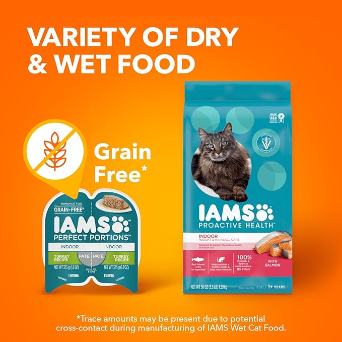 IAMS Perfect Portions Indoor Adult Grain Free Wet Cat Food Pate, Turkey and Salmon Recipe, 2.6 oz. Twin-Pack Trays (12 Count, 24 Servings) (Pack of 2)