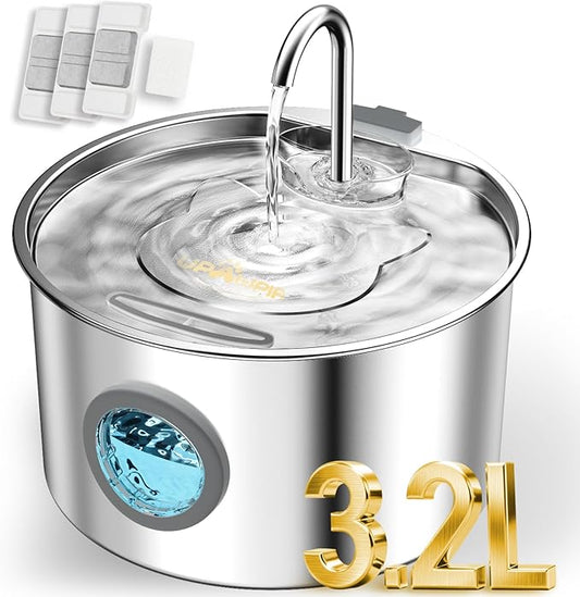 108oz/3.2L Stainless Steel Cat Water Fountain with Detachable Tank, Easy to Clean & Assemble, Pet Drinking Dispenser with Quiet Operation & LED Light, Gifts for Christmas, Cats, Dogs and Small Pets